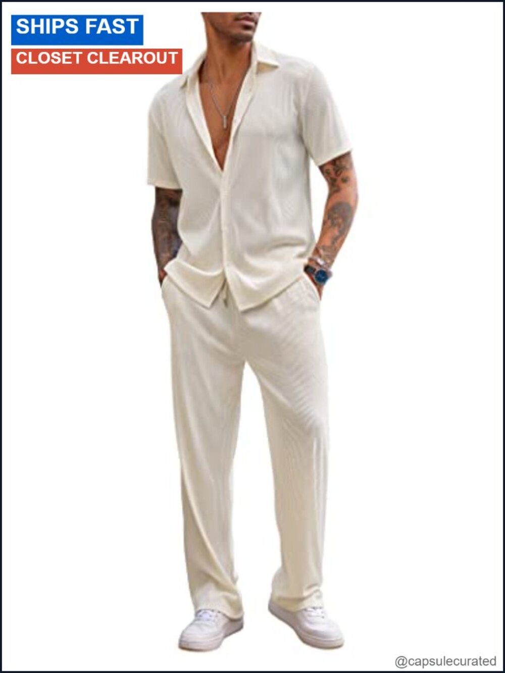 Mens 2 Piece Outfit Short Sleeve Button Down Shirt Loose Pant Set